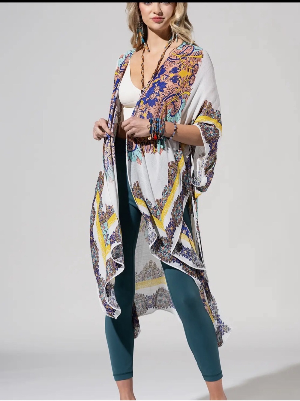 Printed Bohemian Kimono Cover-Up in White, Yellow & Teal